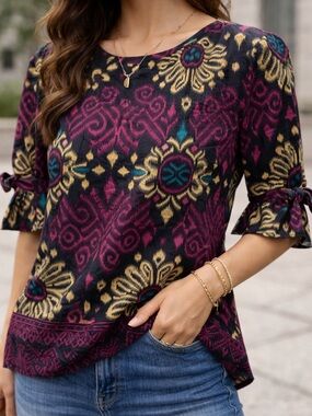Batik Haloo by Lina Collection Boho Ikat Print Blouse Medium Artisan Too